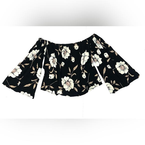 Lucca black and cream floral off the shoulder bell sleeve crop top blouse sz XS - Picture 3 of 16